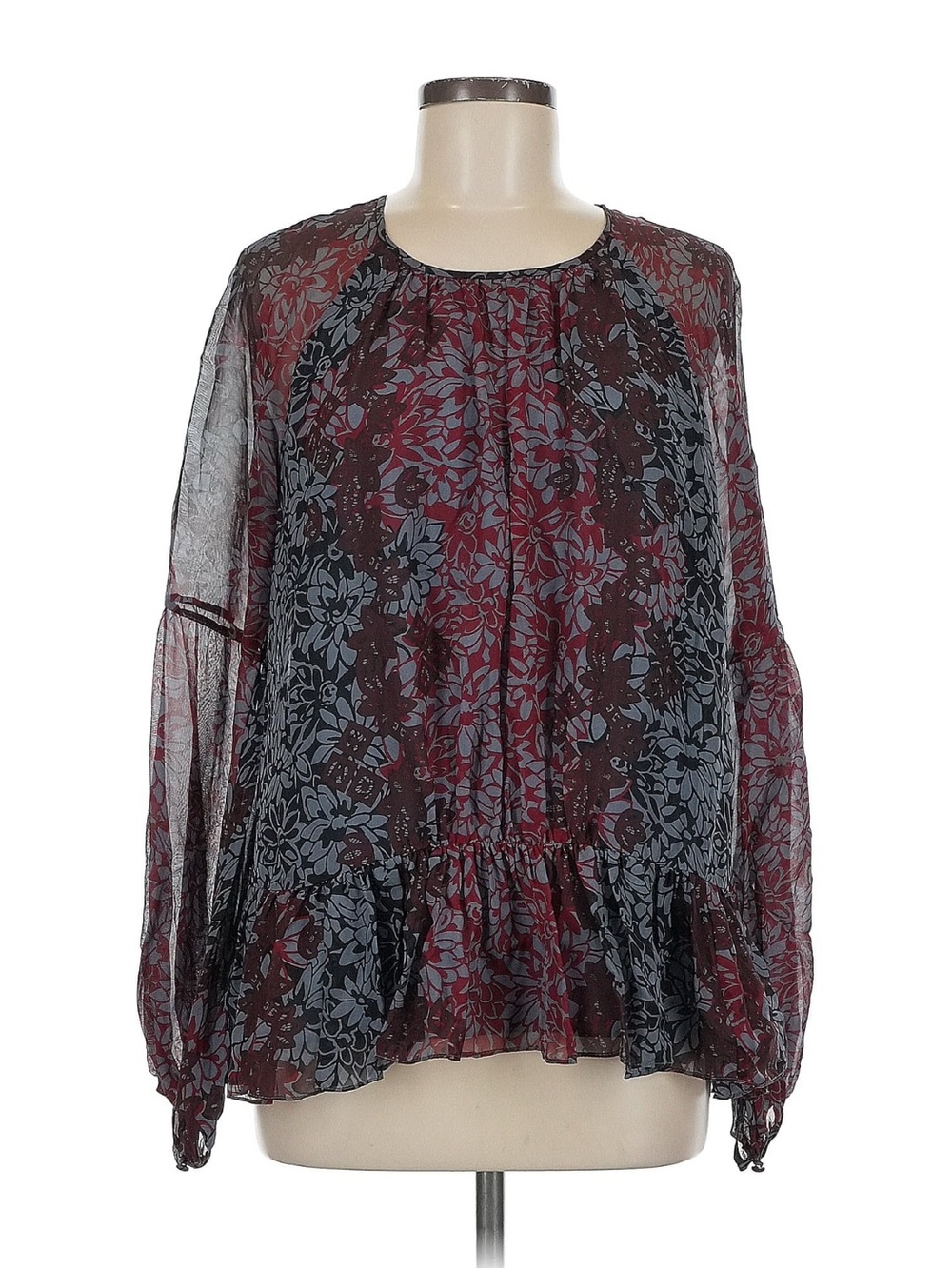 cinq a sept Burgundy and Gray Floral Ruffle Peasant Blouse